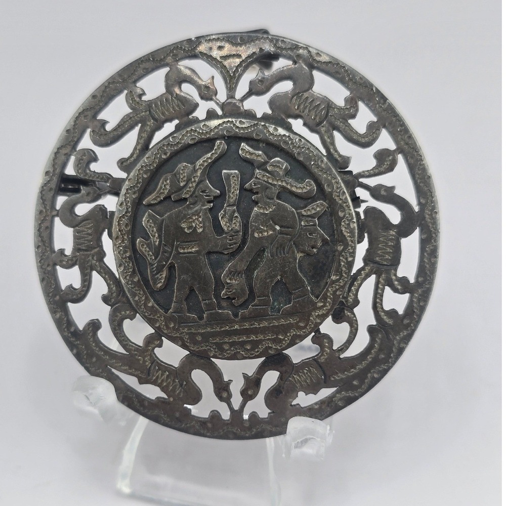 Vintage Estate Guatemala 900 Silver Quetzal Mayan Brooch Pendant Grey 1.5"